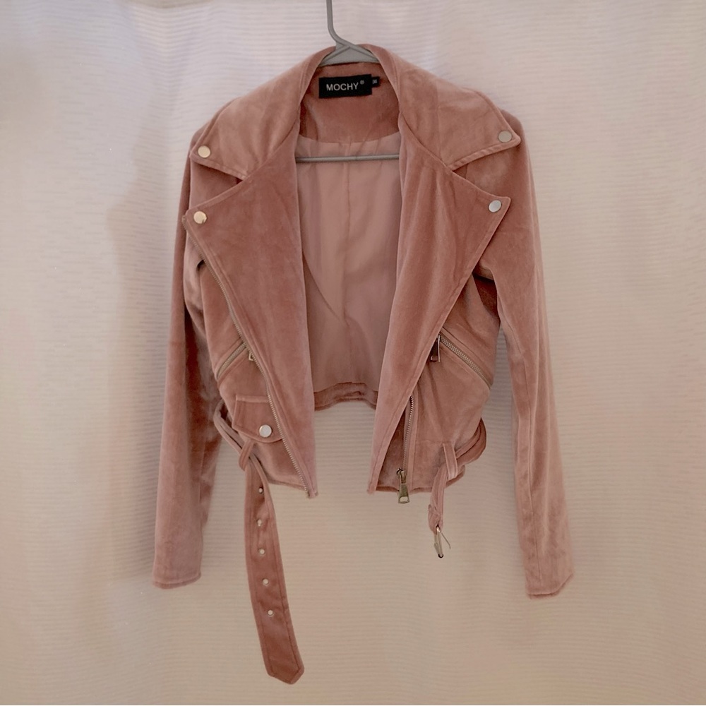 Rose Pink Velour Biker Jacket